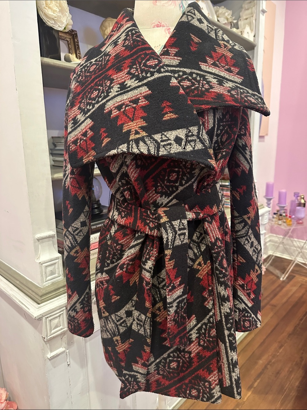 Quinn Black Red Cream Southwestern Wrap Trench Coat